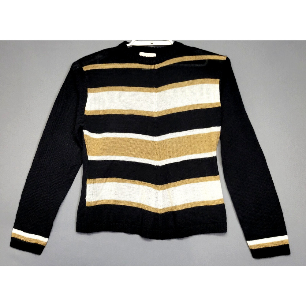 Vintage  Knit Sweater Womens M Black White Tan Striped Jenny Holiday Retro 80s